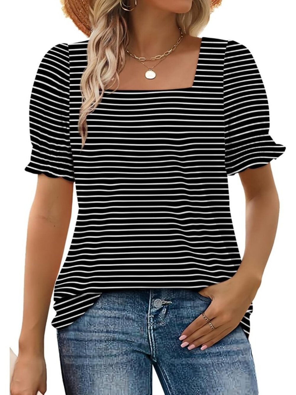 Women's 1 White Stripe Square Neck Top Summer Casual Ruffle Trim Sleeve T Shirt